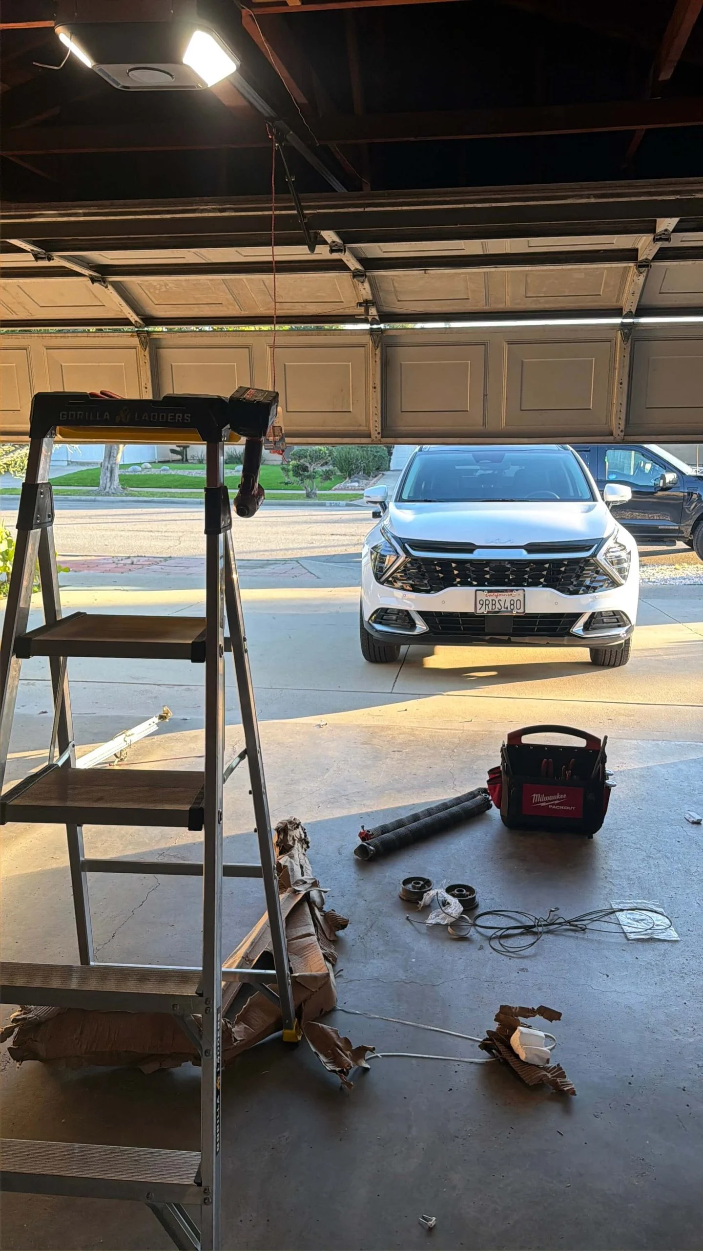 LiftMaster garage door opener mounted over a sectional door with windows